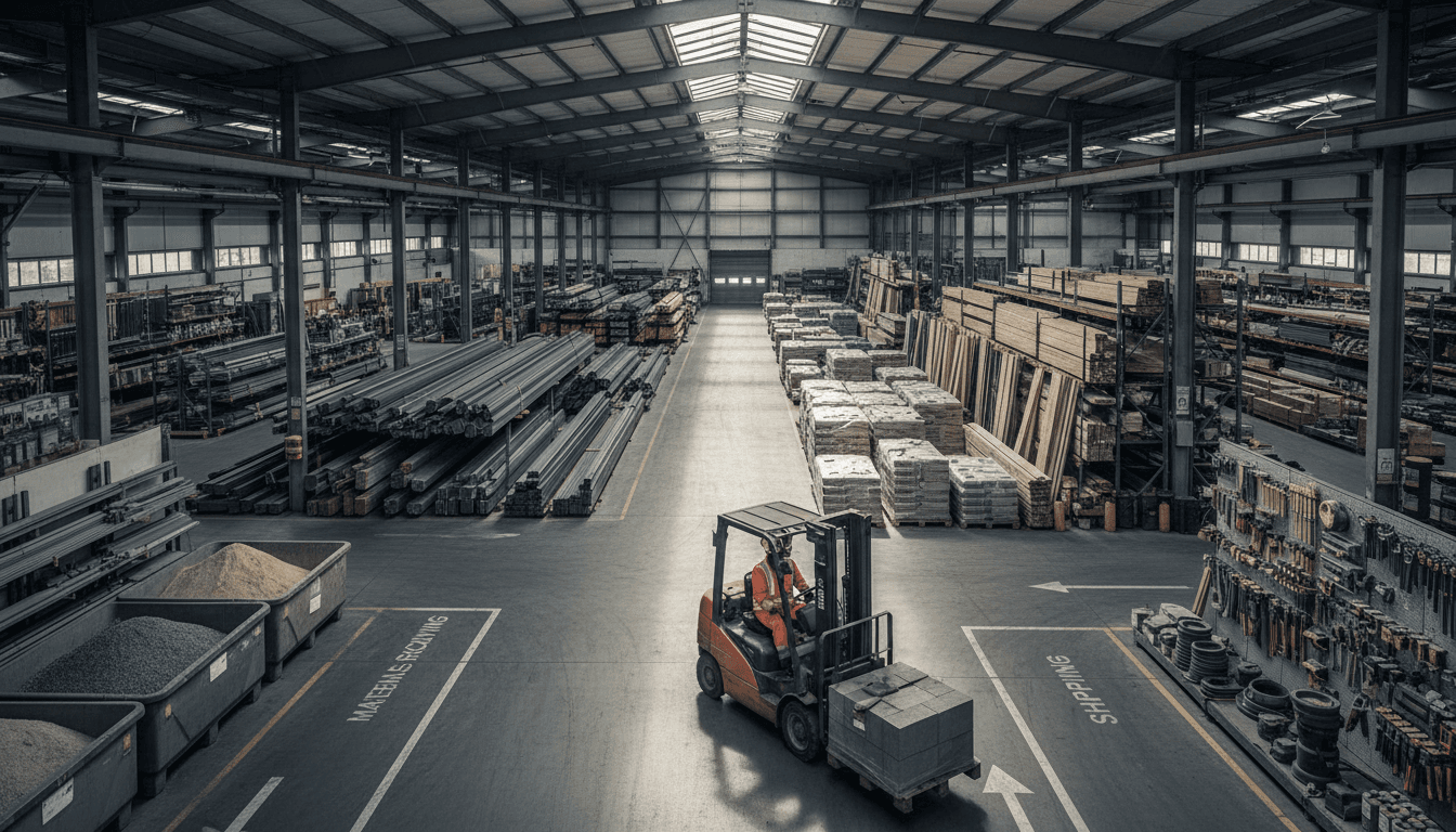 Atlant-Pacific Distribution warehouse with stacked building materials