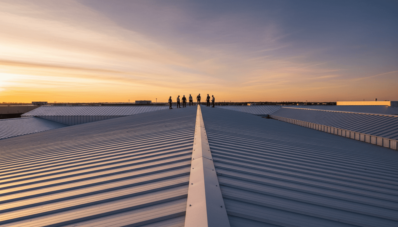 Commercial construction with metal roofing installation