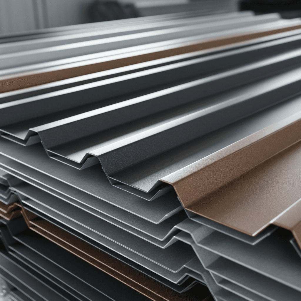 Metal roofing panels arranged in warehouse display