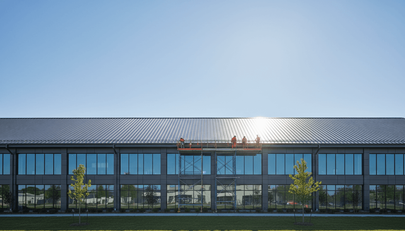 Commercial building construction with modern metal panels