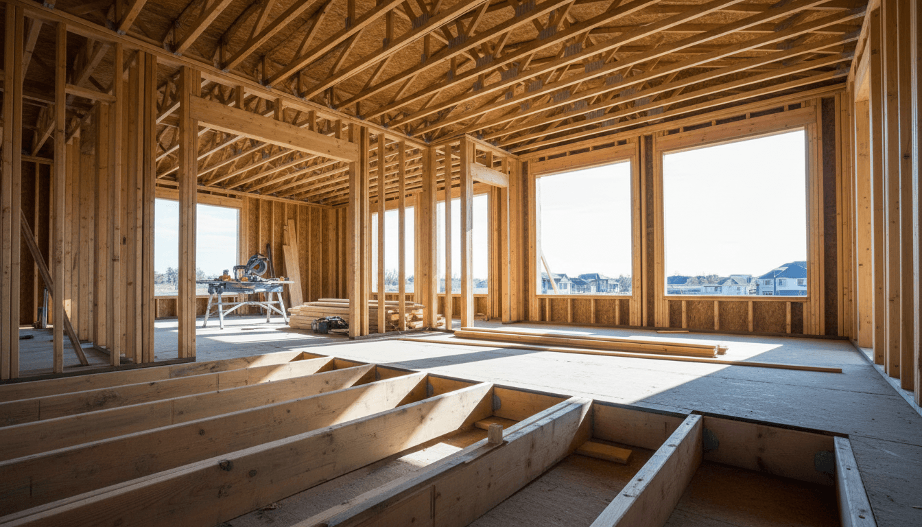 Residential home construction with wood framing and roofing materials