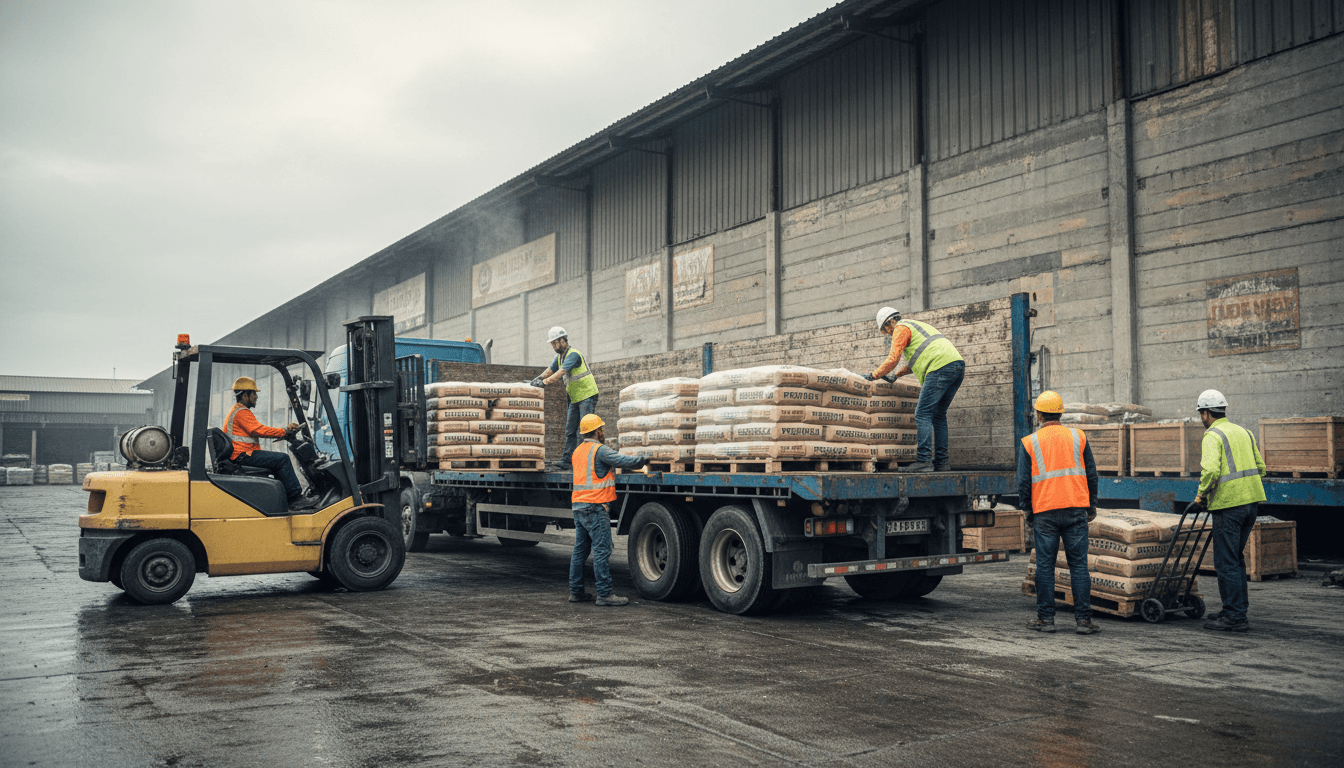 Professional team preparing bulk materials for delivery