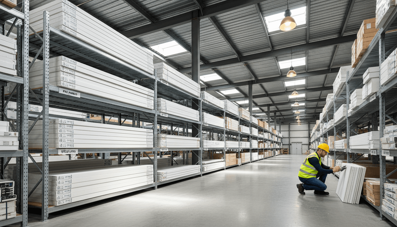 Organized warehouse shelving with roofing and metal panel materials